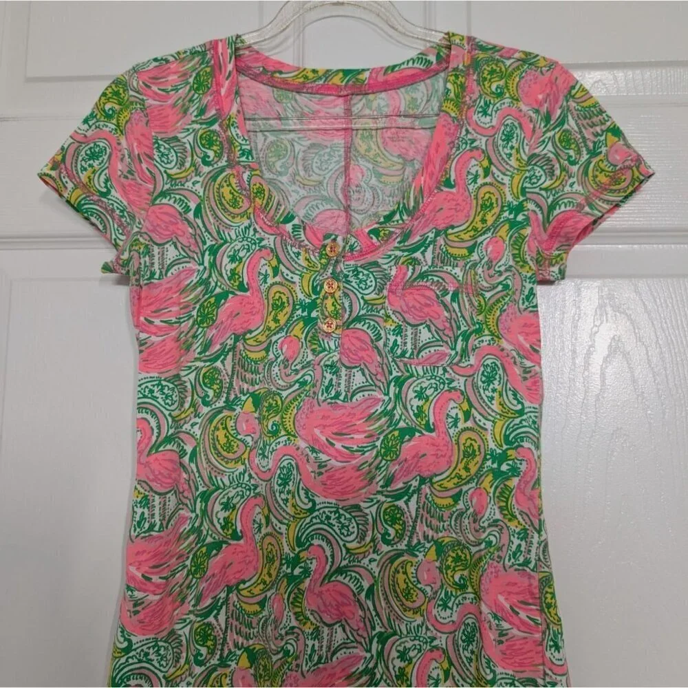 Lilly Pulitzer Flamingo Britton Dress Womens Size XS Green Paisley Hot Wings - Picture 2 of 11